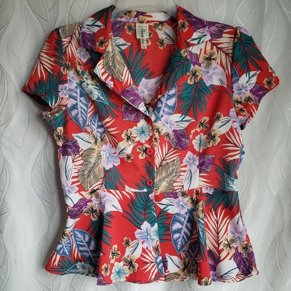 Shun Bo Floral Tropical Hawaiian Collared Peplum Button Down Top - Picture 1 of 5